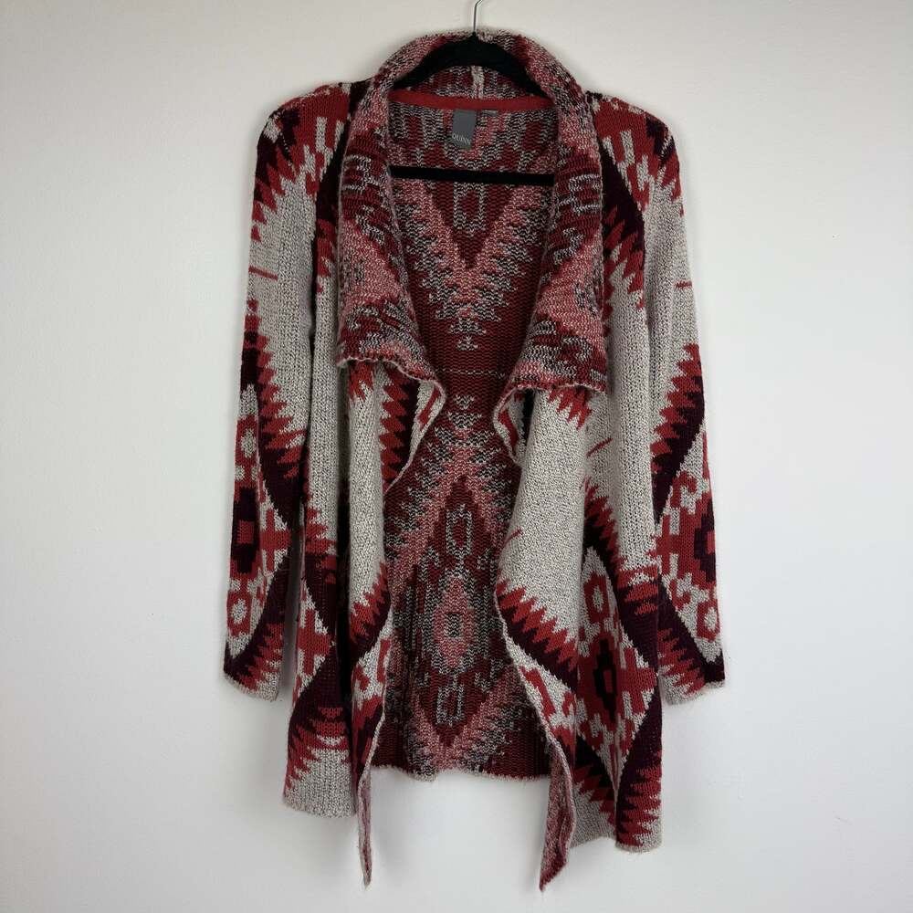 Quinn Womens Long Sleeve Knit Aztec Ethnic Open Cardigan Red/Grey Sweater Small